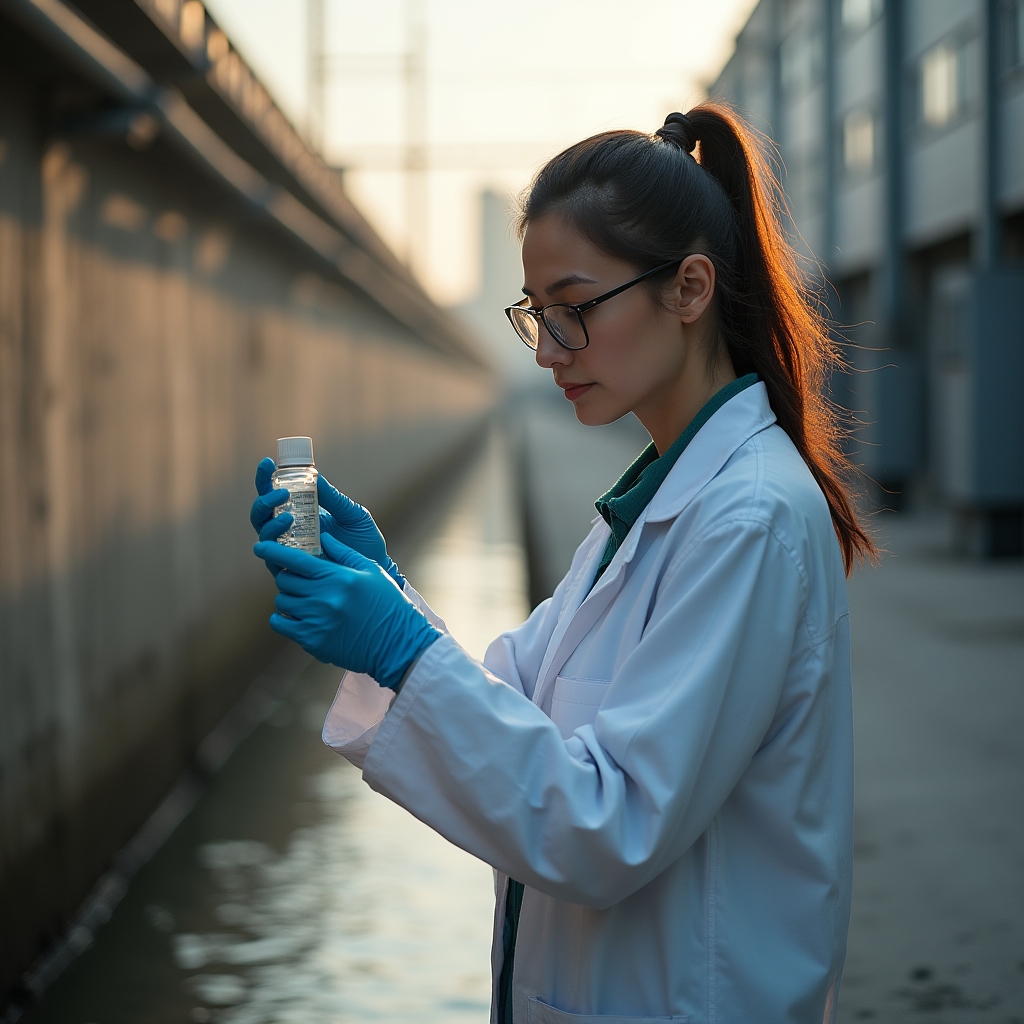 Специалист лаборатории берёт пробу воды на промышленном объекте
